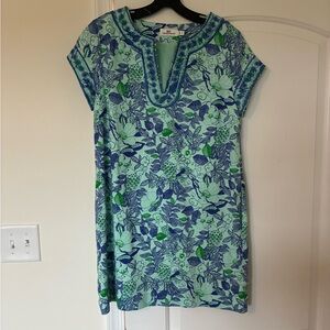 Women’s Vineyard Vibes Blue And Green Linen Floral Dress Size 6